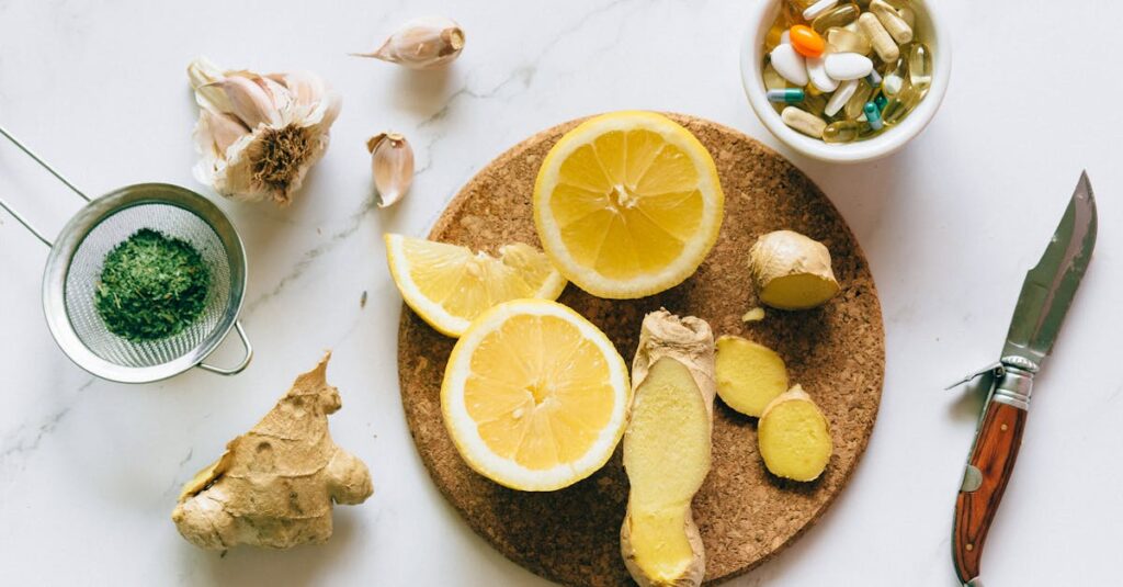 pexels-photo-7615477-7615477 Flat lay of natural remedies including lemon, ginger, and garlic alongside pills.