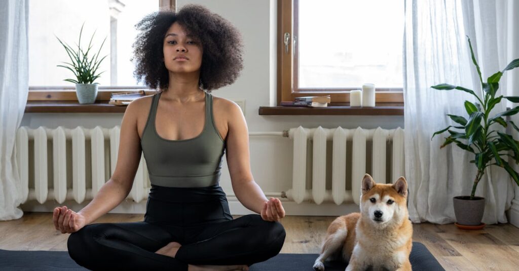 pexels-photo-4056535-4056535 A woman practices yoga at home with her Shiba Inu dog, embracing a relaxing morning.
