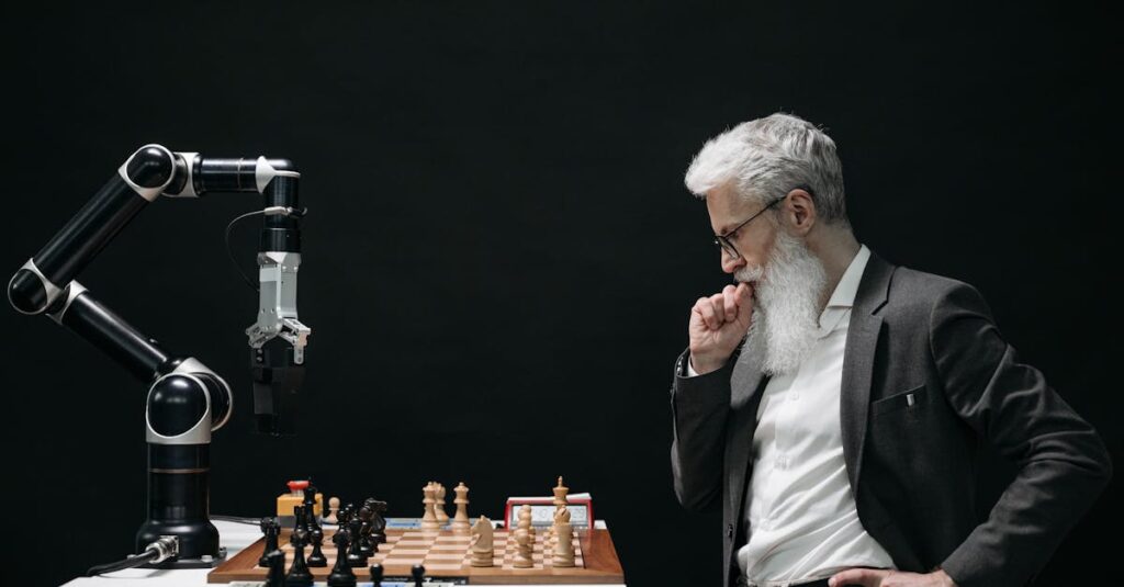pexels-photo-8438918-8438918 An elderly scientist contemplates a chess move against a robotic arm on a chessboard.